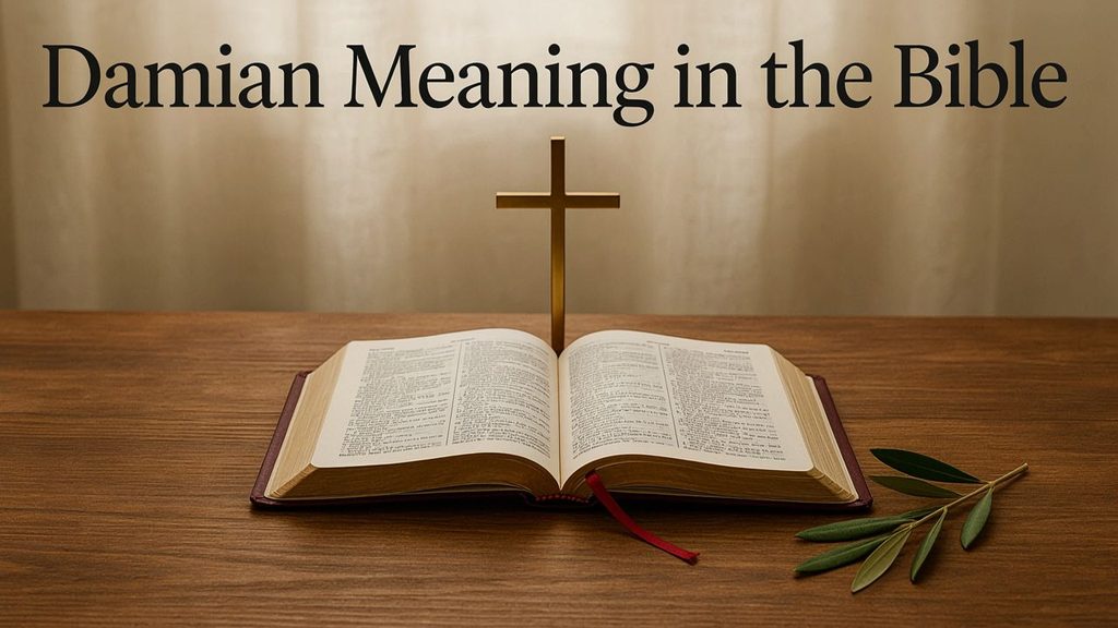 Damian meaning in the Bible with an open Bible and Christian symbolism