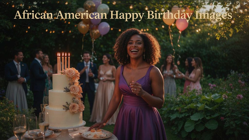 African American happy birthday image featuring a beautiful Black woman with a birthday cake, pink roses, and golden balloons.