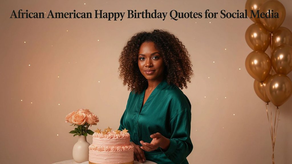 African American happy birthday quotes for social media featuring a stylish Black woman in a dreamy sunset setting with colorful flowers and glowing decorative lights.