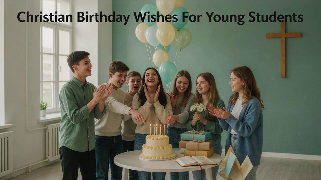 Christian Birthday Wishes for Young Students with teenage classmates sharing faith-filled birthday blessings, a birthday cake, and a Bible.