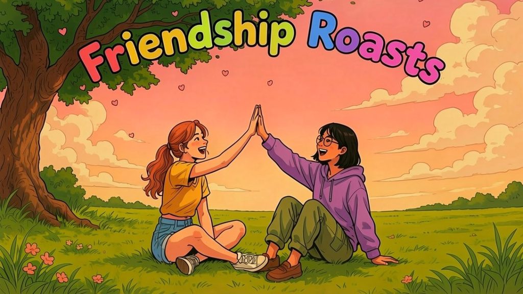 Friendship roasts showing best friends exchanging funny, playful banter and teasing each other.