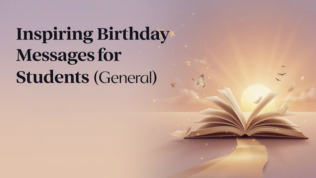 Inspiring Birthday Messages for Students with uplifting typography, a glowing sunrise, and colorful inspirational elements.