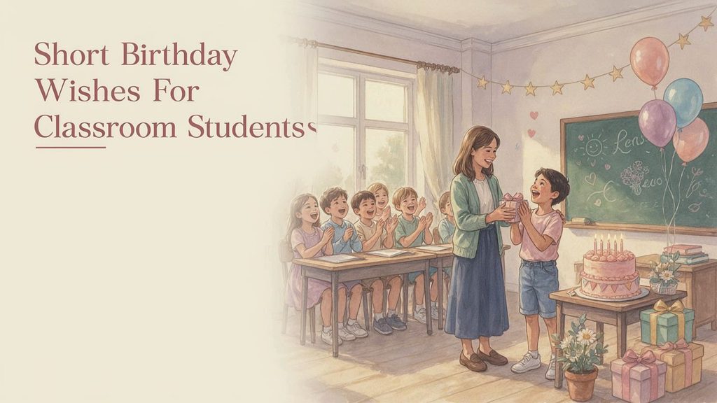 Short Birthday Wishes for Classroom Students displayed on colorful birthday cards with cute school-themed decorations.