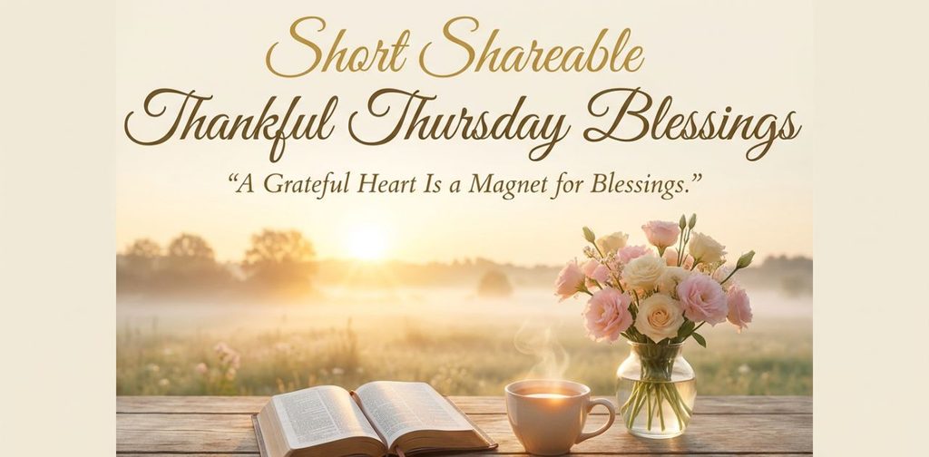 Short shareable Thankful Thursday blessings with golden sunrise, fresh flowers, warm tea, and an inspirational gratitude quote.
