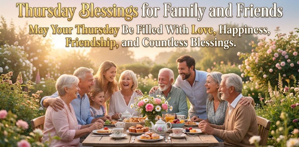 Thursday blessings for family and friends with smiling loved ones gathered in a flower garden, sharing happiness and enjoying a beautiful morning together.