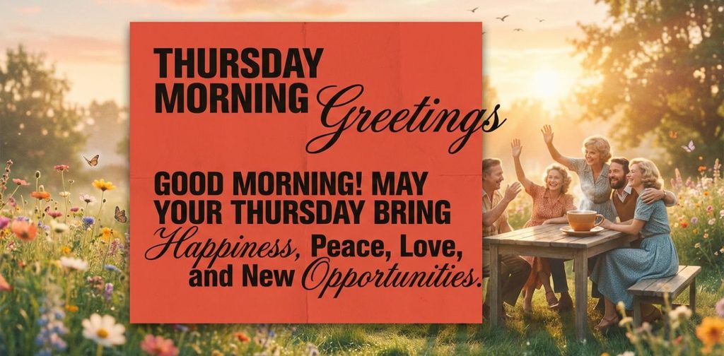 Thursday morning greetings with smiling friends, colorful flowers, golden sunrise, and an uplifting good morning message.