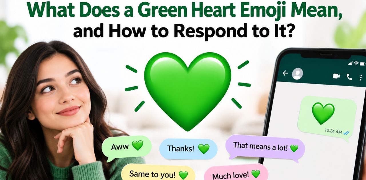 Green heart emoji mean in text messages and online conversations, with examples of how to respond to a green heart emoji.