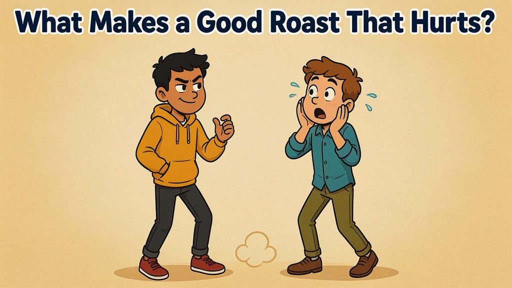 Good roast that hurts illustrated with two cartoon friends exchanging witty comebacks